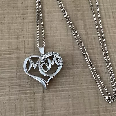 Sterling Silver Accent Diamond Love Heart MOM Chain Necklace 16” • $34.99