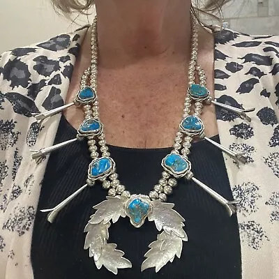 Vintage Native American Sterling Silver Turquoise Squash Blossom Necklace Signed • $795