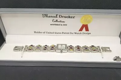 MARCEL DRUCKER Ladies Silver Tone Multi Gemstone Band MOP Dial Watch New Battery • $94.99