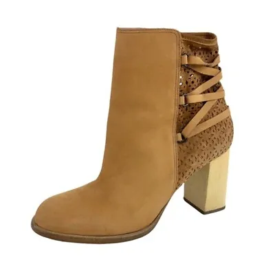 Womens Size 8B Miss Albright Suede Laser Cut Strappy Ankle Booties Wooden Heel • $50