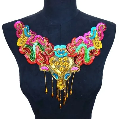 Rainbow Sequin Fabric Collar Beads Embroidered Gown Appliques Sew On Patches • $46.05