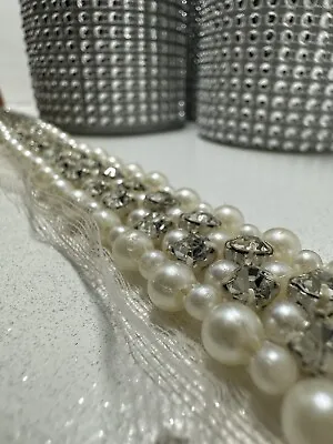 1 Yard White Pearl Beaded Lace Trim Chain Bridal Wedding Ribbon Belt Lace Diam • £3.50