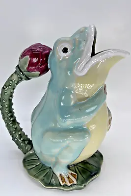 Vintage Majolica Style Frog On Lilly Pad Water Pitcher 9 3/4  TALL BRIGHT MINT • $34.44