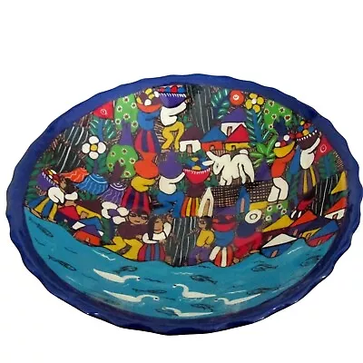 Mexican Clay Folk Art Round Bowl Fishing Harvest 9.5 In Farm Water Hand Painted • $30.39