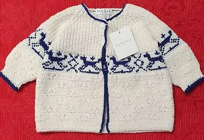 Baby Cardigan White/Navy Designer Baby Clothing Fantastic Quality Merino Wool • $21.44