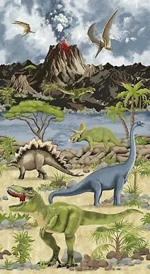 Prehistoric Dinosaur Volcano Cotton Fabric Timeless Treasures C6585 23.5  Panel • $8.95