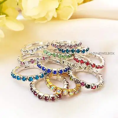 Colour Silver Elastic Stretch Ring Cubic Zirconia Crystals 1 2 3 Rows Gift Charm • £4.99