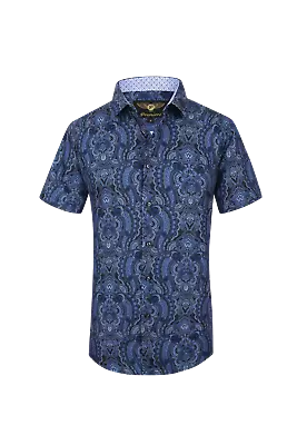 Mens PREMIERE Casual Short Sleeve Button Down Dress Shirt Navy Blue PAISLEY 670 • $35.95