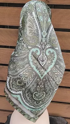 Stunning Large Greens And Golds Paisley Print Square Rolled Silky Scarf 41”x41  • £14.99