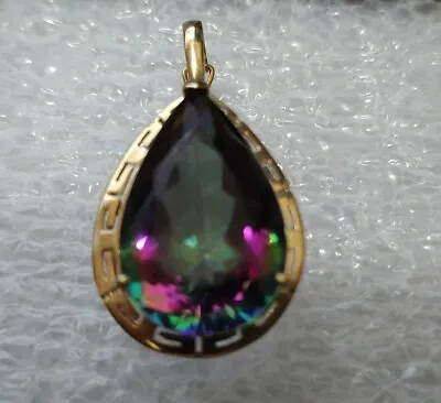 14k Y. Gold Greek Key  Pendant  Large 20+ct  Pear Shape Mystic Topaz Stone (C98) • $599