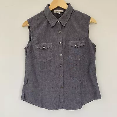 Laura Ashley Chambray Sleeveless Blouse UK 14 Blue Front Pockets Wardrobe Staple • £12.95