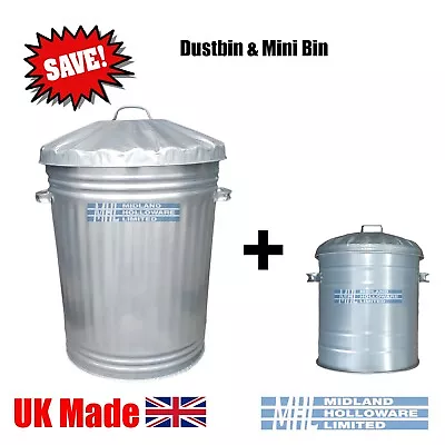 90 Litre Galvanised Dustbin Tapered & Mini Dustbin Heavy Duty UK Made! (PACKAGE) • £28.99