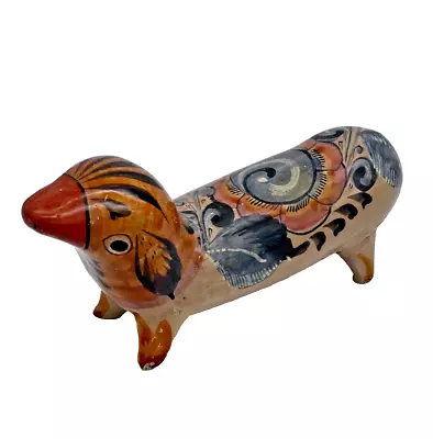 Vintage Mexican Pottery Dachshund Dog Hand Painted Heavy Colorful 7 X 3 In.-A37 • $21.24