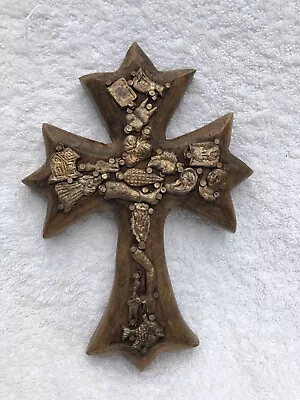 Mexican Wooden Cross Of Devotion Milagros Charms Religious Folk Art 7” X 5” • $25