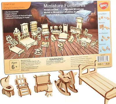 34-Piece Dollhouse Furniture Set - Laser Cut Wooden 3D Puzzles - Miniature Doll • $12.95