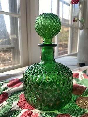 Vintage Empoli Glass Italian Green Dmnd Cut Round Whiskey Decanter + 2 Glasses • $45