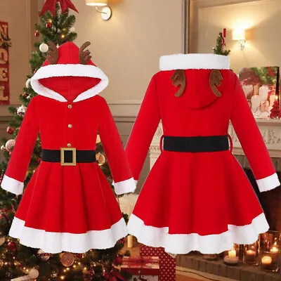 Kids Girls Miss Santa Claus Costume Child Christmas Elk Hooded Dress Xmas Outfit • £21.39