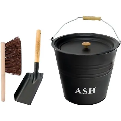 12L Metal Ash Bucket With Lid Shovel & Brush Fireplace Container Litre Coal Bin • £15.95