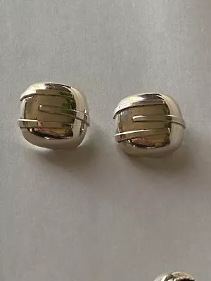 Vintage 925 Silver Puffy Clip On Earrings Square Shape With Mirror Finish • $12.69