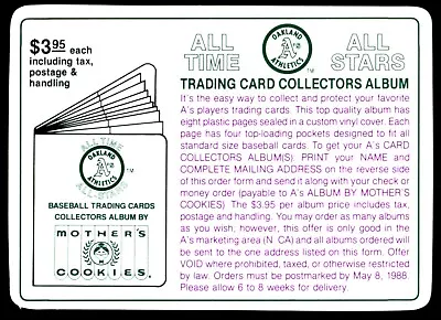 1987 Mothers Cookies OAKLAND ATHLETICS A'S EXPIRED MAIL IN COLLECTORS ALBUM CARD • $1.99