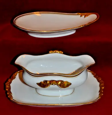 J. POUYAT LIMOGES Gravy Boat W/Attached Plate & Matching Serving Plate Gold Trim • $39.99