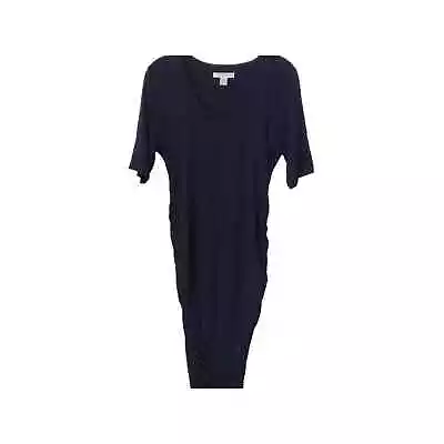 Motherhood Maternity Dress Size M Blue Stretch Side Ruched Bodycon Crew Neck • $14