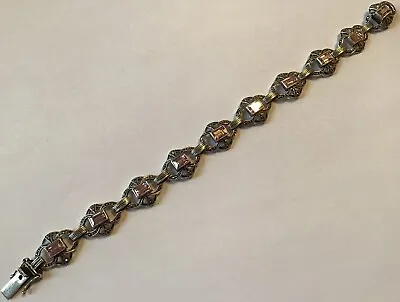 Vintage Art Deco Sterling Silver Pink & Marcasite Rhinestone Bracelet  • $58