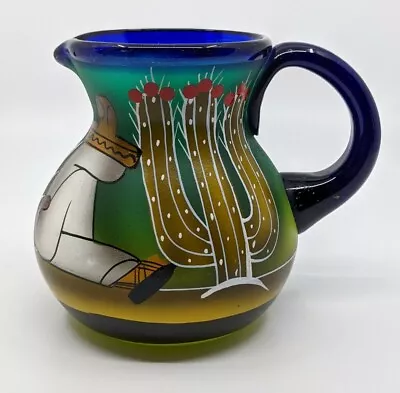  Mexican Cobalt Glass Pitcher Cactus Scenery 5  Tall Hand Blown & Hand Painted • $45