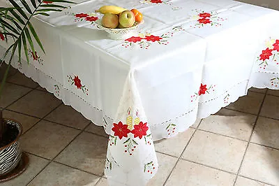 Vintage Christmas Embroidered Poinsettia Tablecloth OB W/Napkin 6-16 Seats • $89