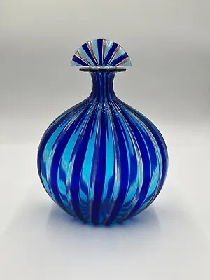 Vintage Italian Murano Art Glass Decanter -Blue Teal & Rose Gold Stripes 11  H • $463.50