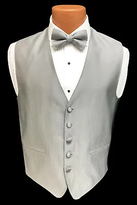 Men's Silver Herringbone Tuxedo Vest & Tie Bow Or Long Fullback Prom Wedding  • $6.20