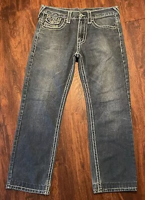 True Religion Jean Men Size 34x29 Medium Wash Y2K Bobby Big T Thick Stitch Pants • $37.99