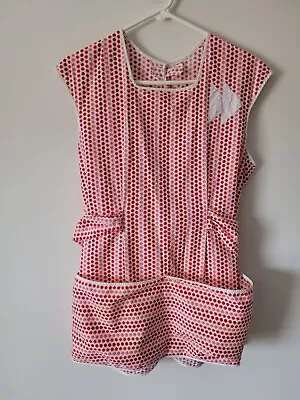 Vintage 1960s SMOCK Top APRON With Pockets Tie Back RETRO Reds On White • $16