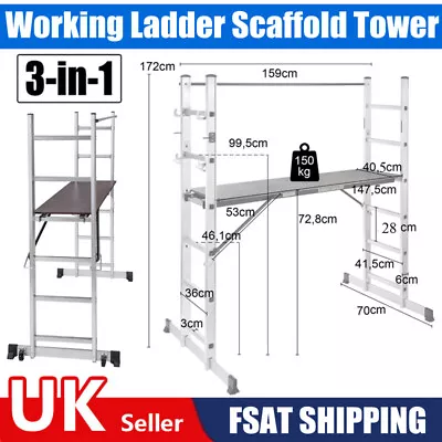 3 IN 1 Aluminium Working Ladder Step Platform Multi Purpose Scaffold Tower UK • £121.97