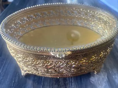 Vintage Gold Tone Filigree Beveled Glass Footed Casket Jewelry Box Oval 7  • $29.99