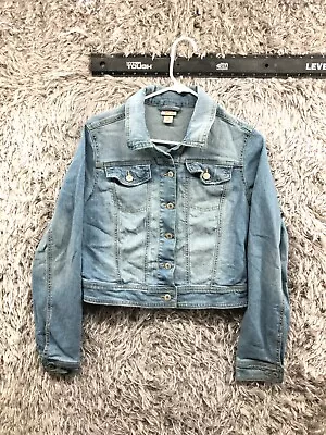 Mossimo Crop Jean Jacket Womens L Blue Denim Button Up Pockets Trucker • $10.05