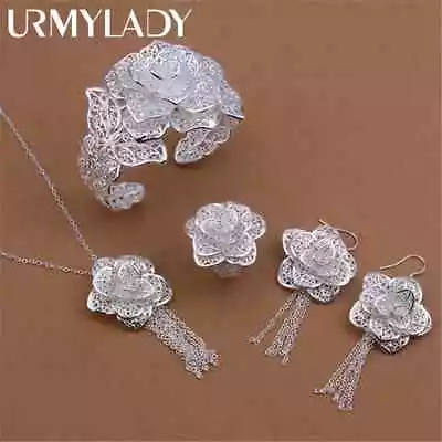 925 Silver Jewelry Set For Women Flower Pendant Bangle Earrings Rings Necklaces • $12.72