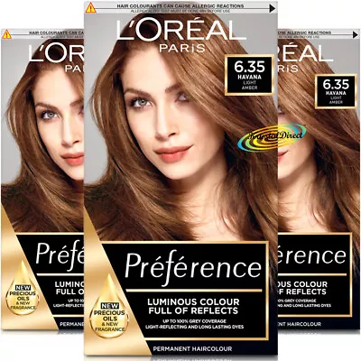 3x L'Oreal Preference Havana 6.35 Light Amber Permanent Hair Colour Dye • £35.99