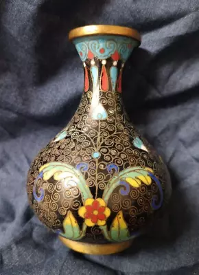 Vintage Brass Cloisonné Vase Enamel 4  Tall • $20