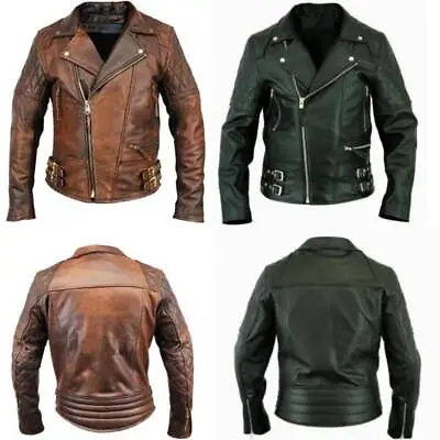 Mens Vintage Brando Biker Classic Cafe Racer Motorcycle Style Leather Jacket Uk • $38.16