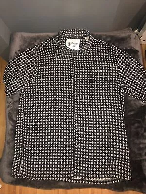 Vintage Silk Shirt Button Up Short Sleeve Black Diamond Square Large Circa 1969 • $15.28