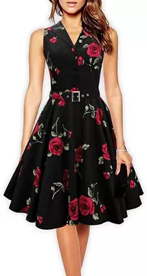 PhilaeEC Women's Black 60s Style Belted Floral Retro Flare Dress Swing Dress S • £19.99