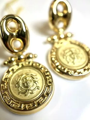 18kt Yellow Gold Medusa Drop Earrings Greek Key • $649.95