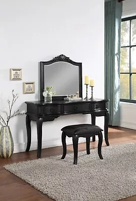 Antique Bedroom Vanity Set W Stool Black Color Drawers Mirror Wooden Desk • $649.99