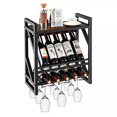 Wall Mounted Rustic Wine Rack 10 Bottles Wine Display Holder W/ Glass Holder • $39