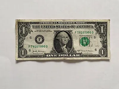 One Dollar Bill Serial Number F 79107990 D $1 Note US Real Money 2017 Notes USA • $6.99