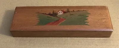 £3.50 • Buy Vintage Wooden Pencil Box - Hinged Lid - Hand Painted Cottage Scene - Good Cond.