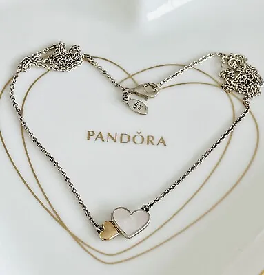 💜 PANDORA *Luminous Hearts* Silver & Gold Mother Of Pearl Necklace 💝🎁 • £54.95