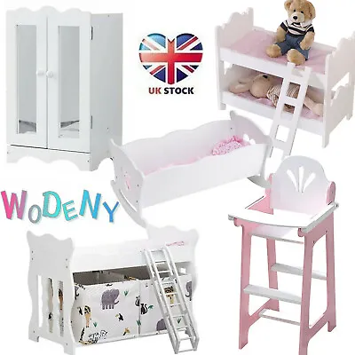 Kids Baby Doll Role Play Set Wooden Dolls Crib Cot Bunk Bed Wardrobe Furniture • £28.49