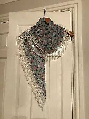 Very Pretty Triangular Scarf With Lace Edging Blue And Pink • £19.99